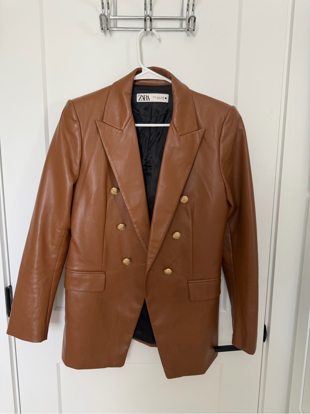 Zara Brown Double-Breasted Faux Leather Pea Coat with Gold Buttons